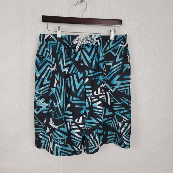 AERO 87 Swim Shorts Mens 30 Black Green Stretchy Zipper Pocket Lace Up Closure - Picture 1 of 16